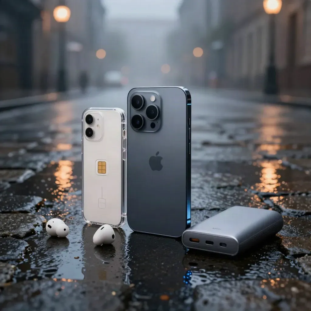 Glanzende smartphone met sim-lade en accessoires op natte kasseien in avondmist.