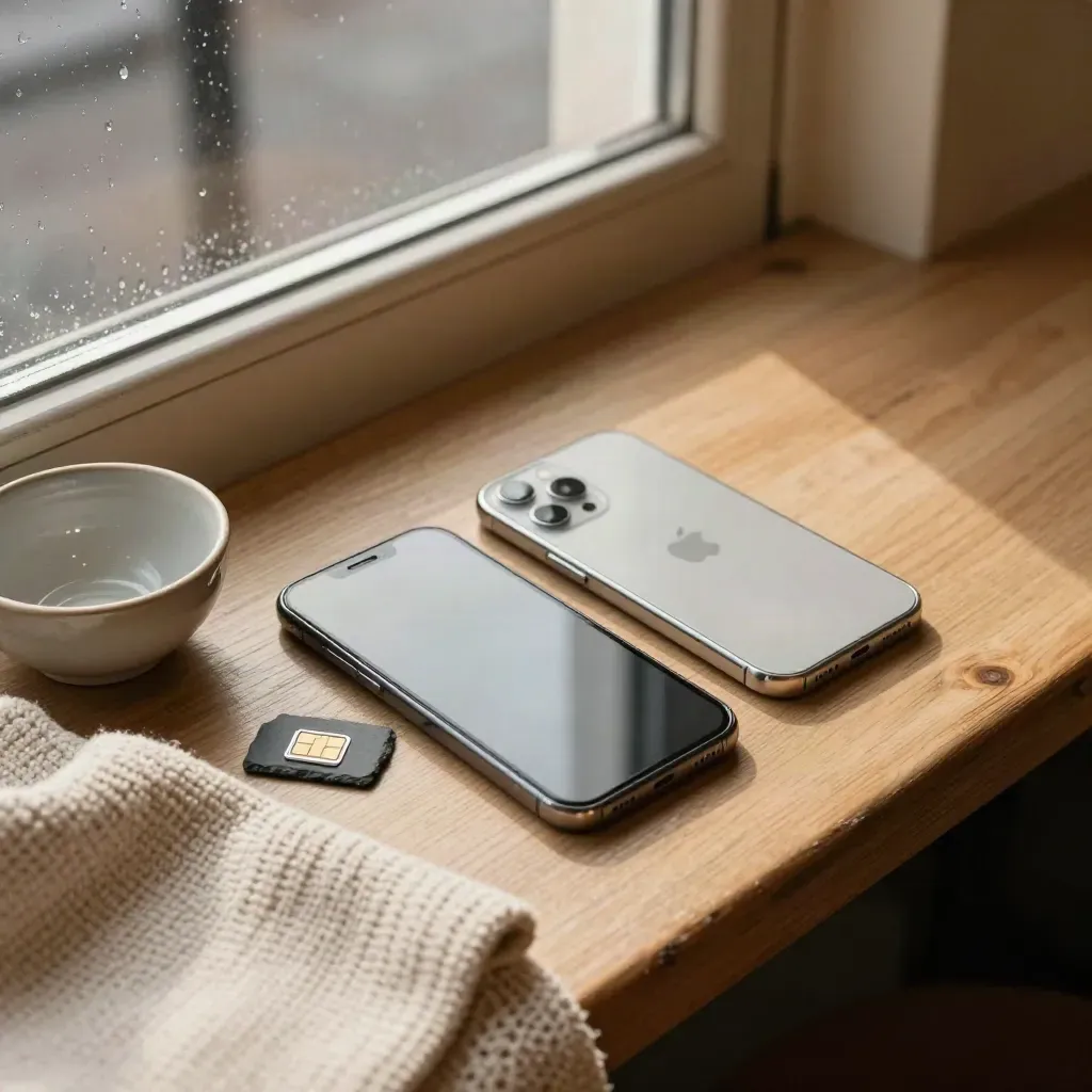 Twee smartphones naast een sim-pin en gevouwen doek op een cafébank bij raamlicht.