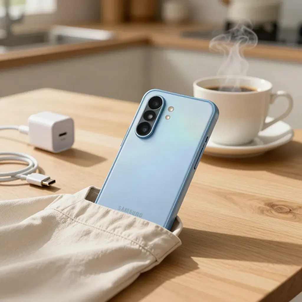 Samsung Galaxy A55 in lichtblauwe case naast koffie, kabel en oplader op houten tafel