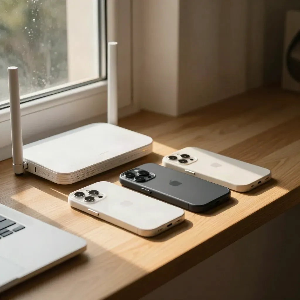 Drie smartphones, router en notebook bij een raamhoek met warm middaglicht.