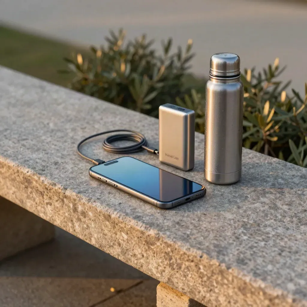 Telefoon, powerbank, usb-c kabel en thermosfles op een stenen bank in koele buitenlucht