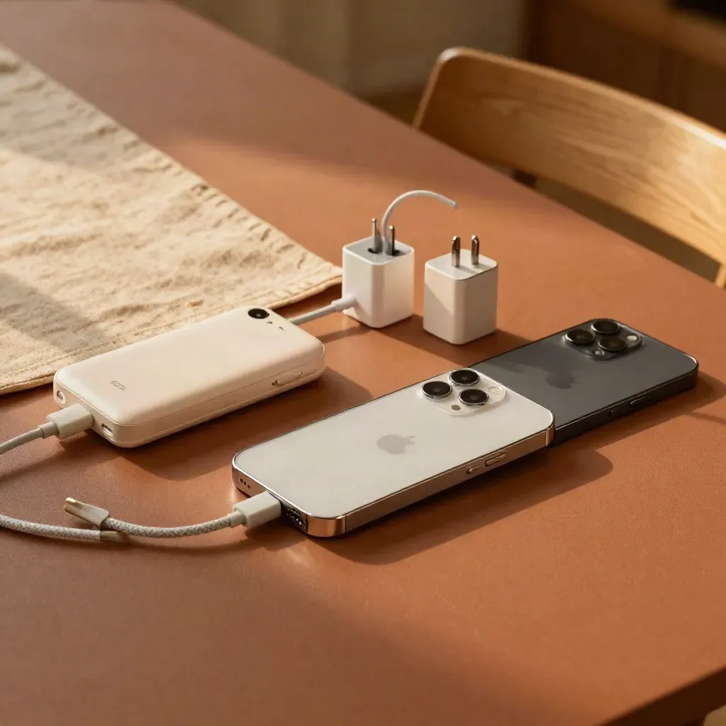Drie gezins-telefoons met powerbank en twee opladers op een terracotta eettafel.
