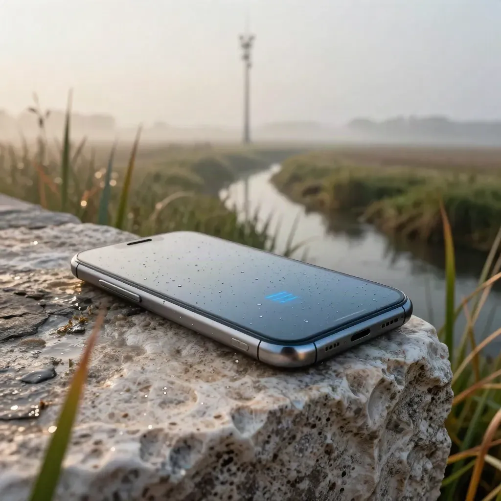 Smartphone op natte polderdijk met mist, riet en verre zendmast in de ochtend.