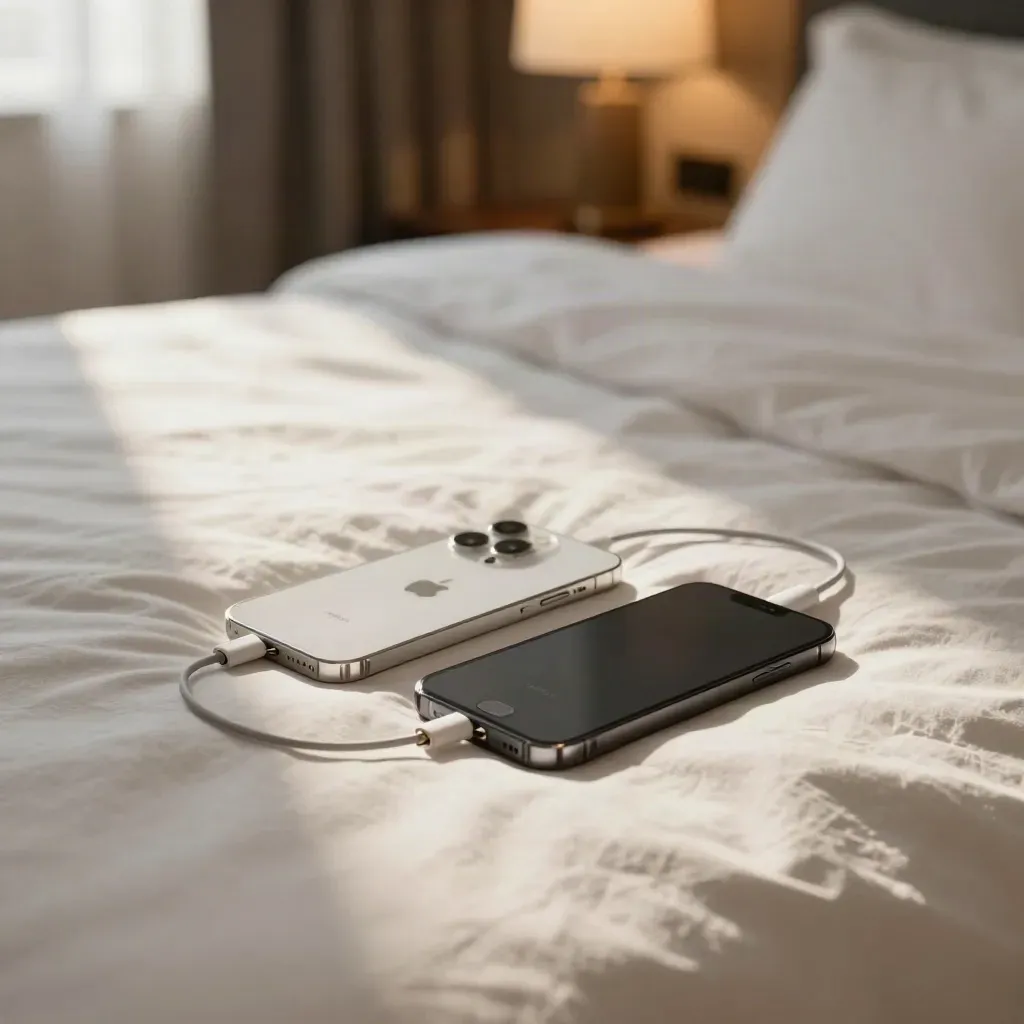 Nieuwe iPhone naast oude telefoon, simtool en kabel op een hotelbed met zachte lampgloed