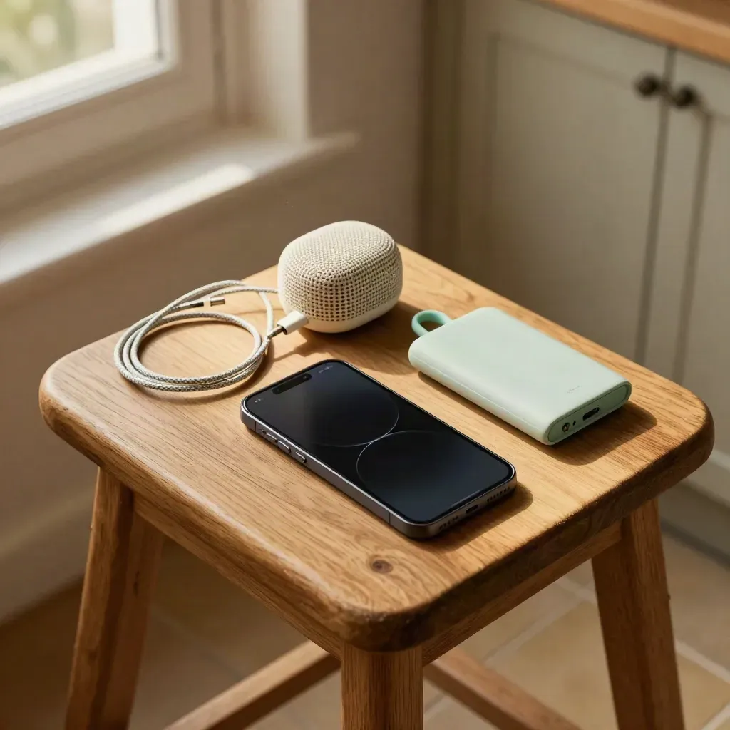 Androidtelefoon naast speaker, oplaadkabel en back-upschijf op een keukenkruk in ochtendlicht.