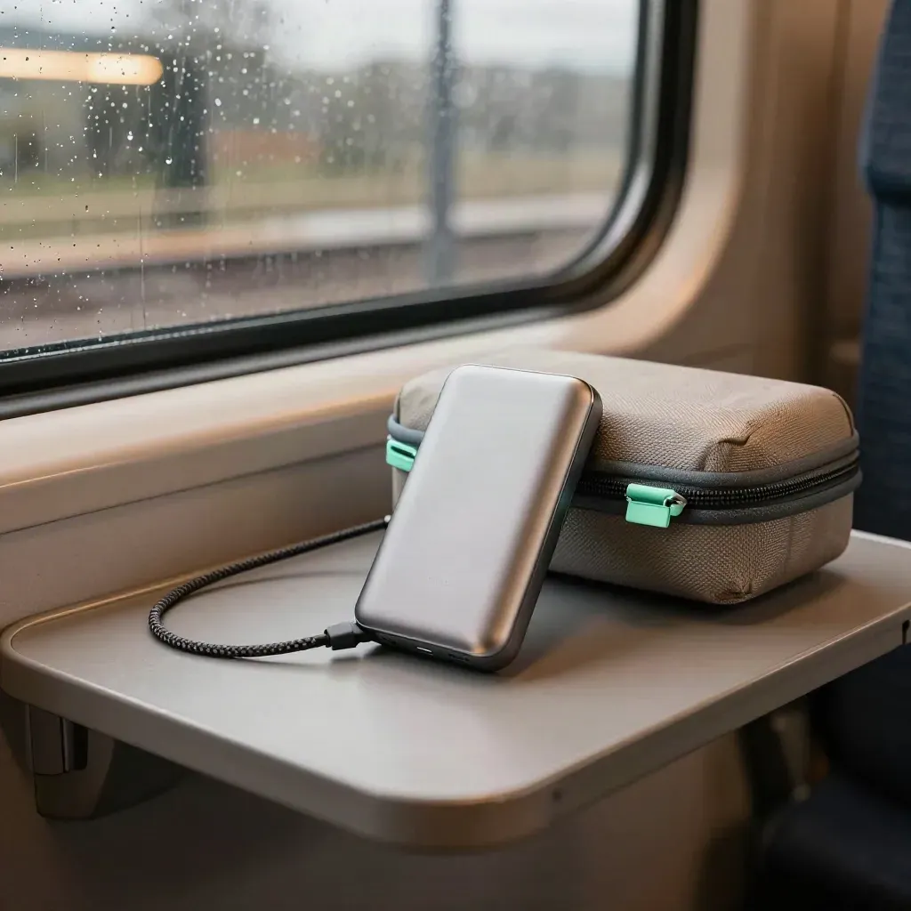 Powerbank, gevlochten kabel en reis-etui op een treintafel bij regenachtig raamlicht