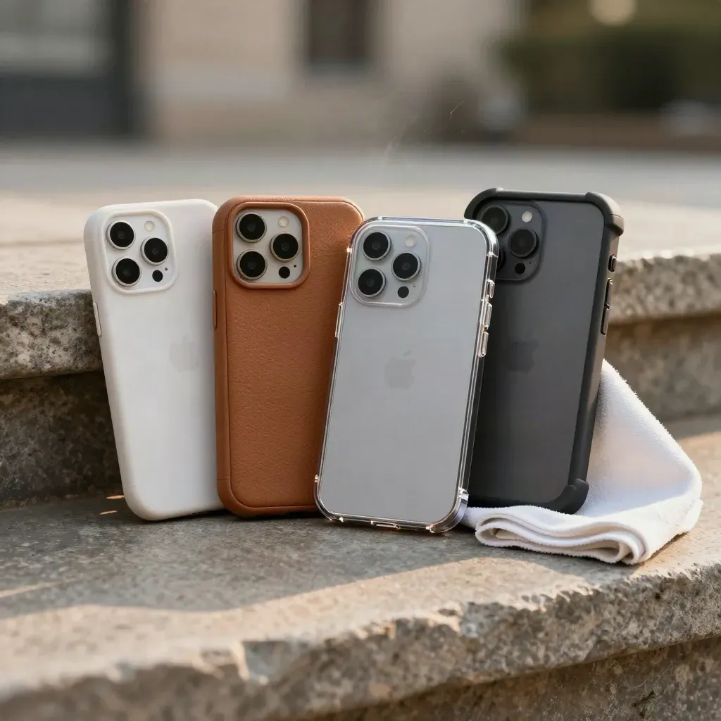 Vier telefoonhoesjes met doek en screenprotector op een stenen bank in zacht licht.