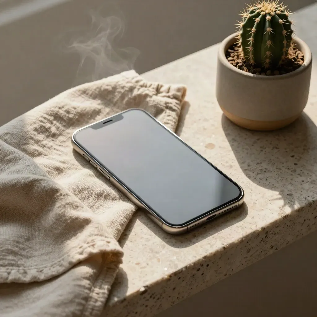 Smartphone, linnen doek en cactus op travertin plank in zacht raamlicht.